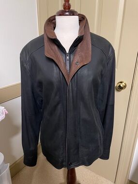 Johnston & Murphy Black Leather Bomber with Brown Contrast Collar